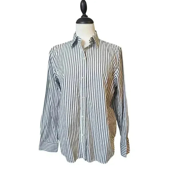 Chaps Classics No Iron Dark Gray and White Striped Button Up Shirt Size Large - Picture 1 of 9